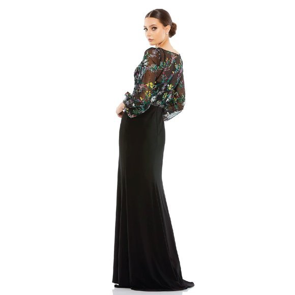 Mac Duggal Embroidered Mesh Long Sleeve Column Maxi Gown in Black Multi Size 10 - Picture 4 of 12